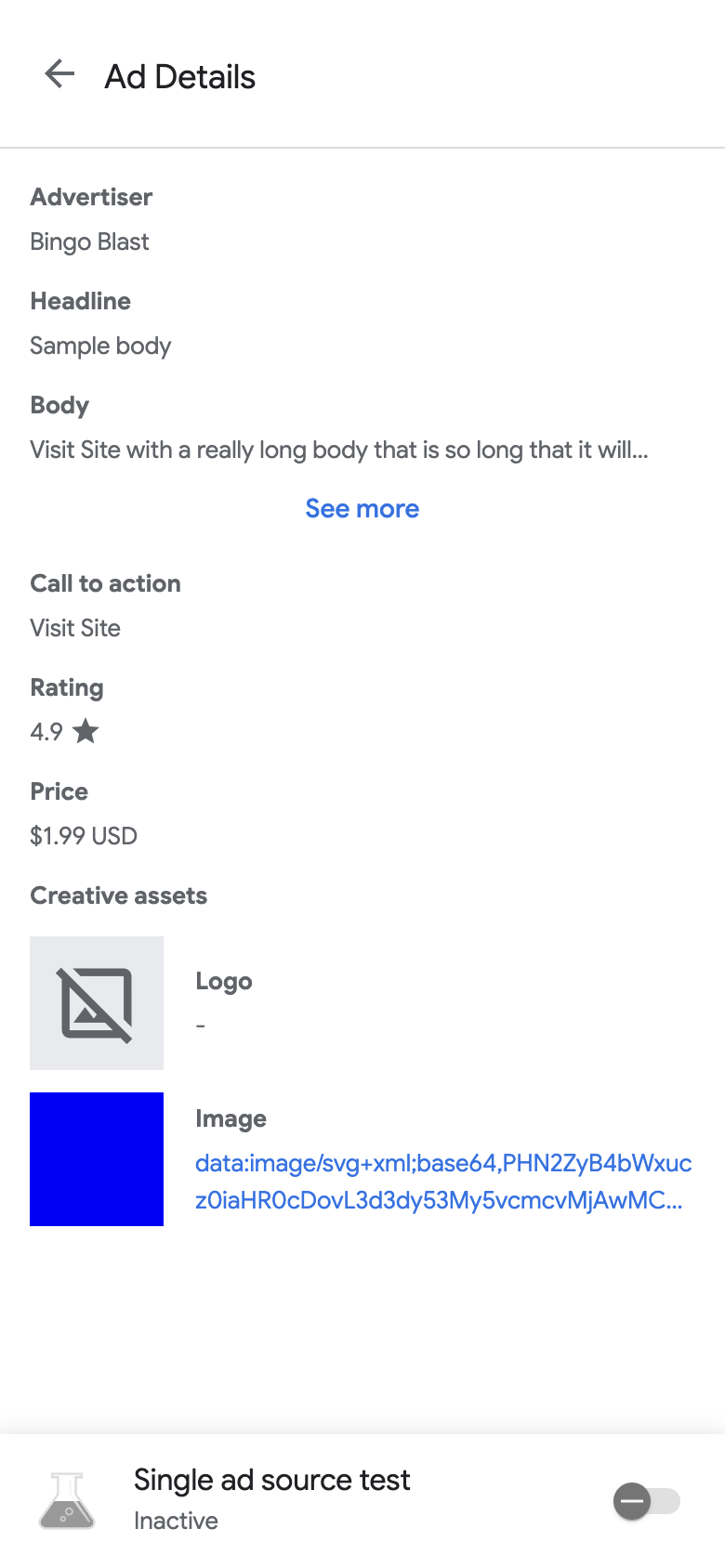 Ad details page for native ad