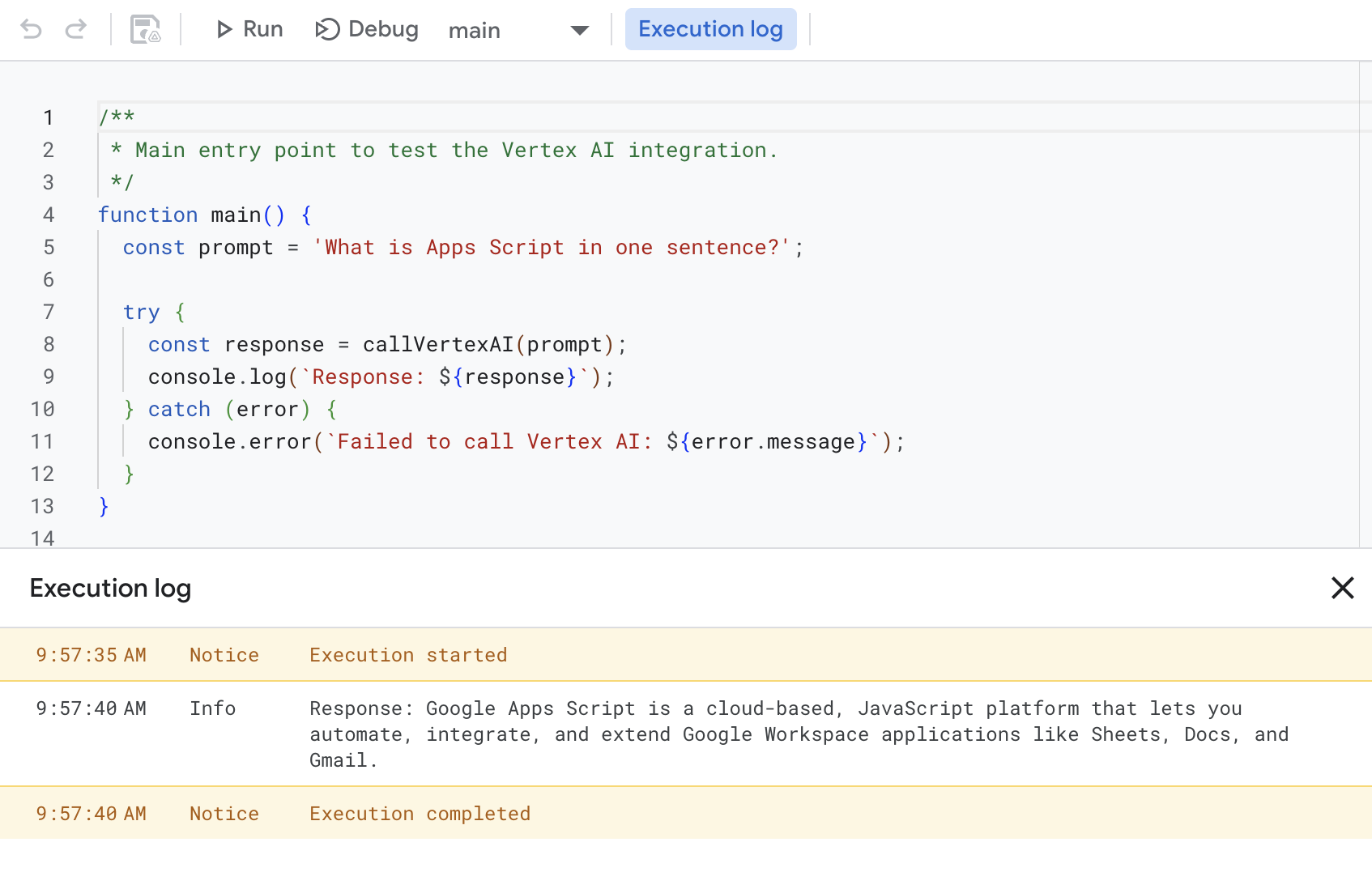 AI-generated text from Apps Script's Vertex AI advanced service.