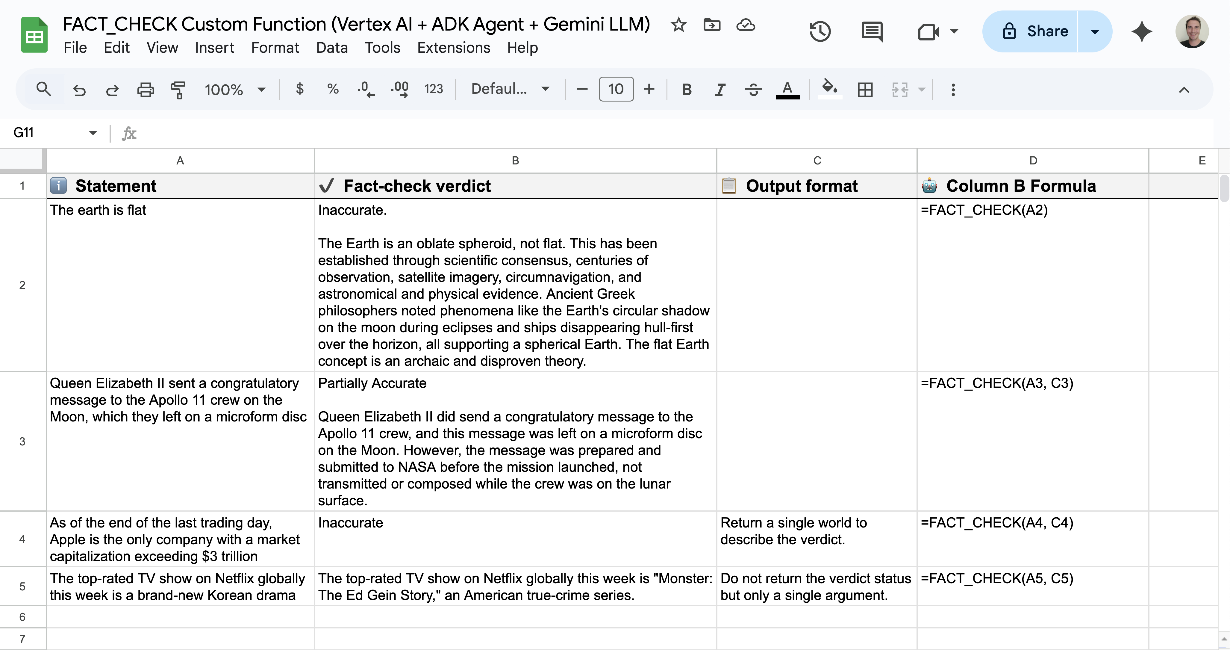 Usage sample of the fact-check Google Sheets custom function