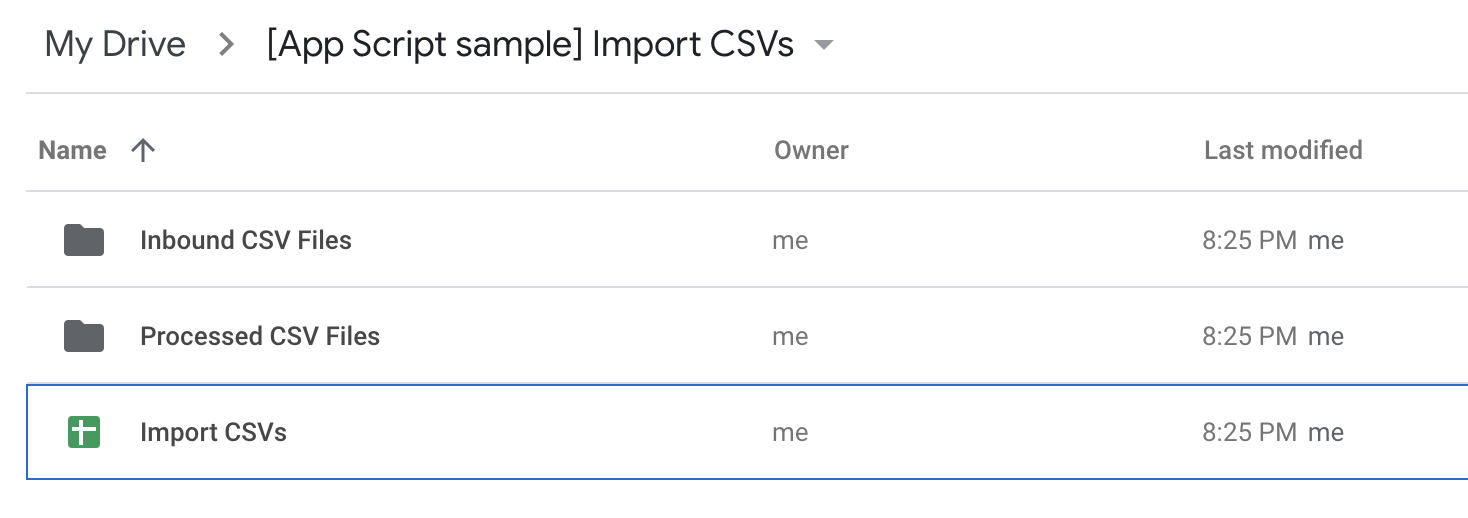 Google Drive showing folders for CSV files and a Google Sheets spreadsheet.