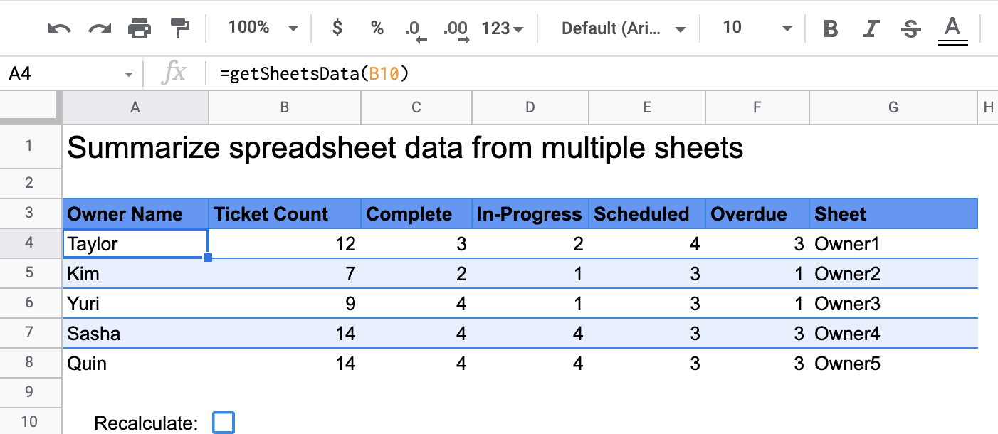 Summary table generated by getSheetsData function showing ticket status counts.