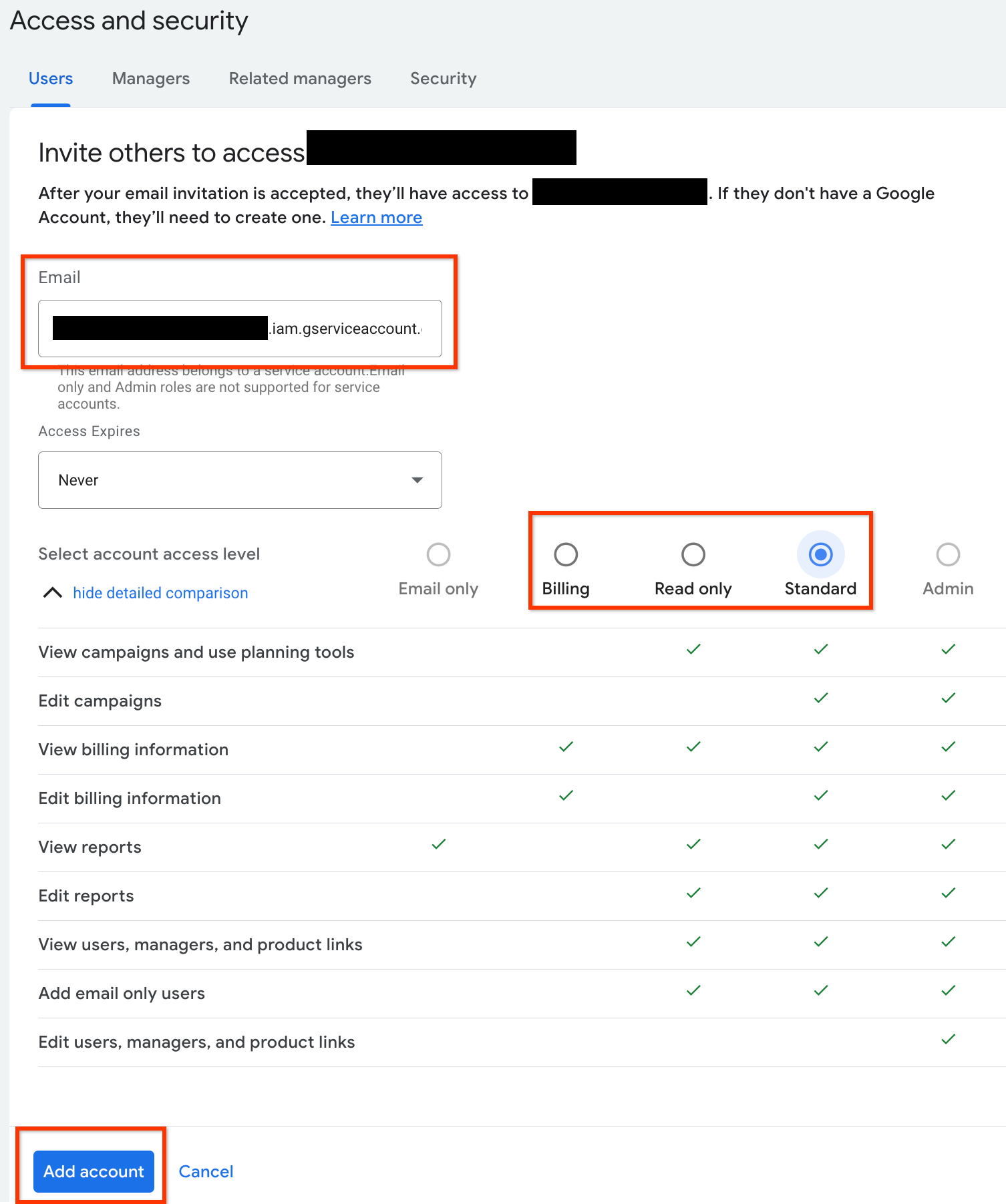 Dialog to add a service account email and select an access level