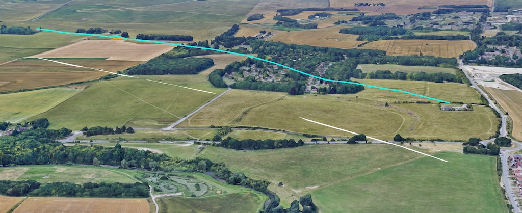A 3D map showing white and blue lines disappearing into a hill, with the purple line hidden, illustrating visual artifacts of absolute and relative-to-mesh lines.