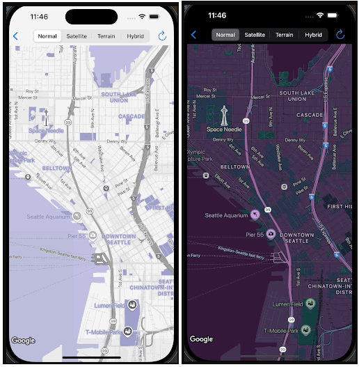 Two app screens showing map in dark to light mode