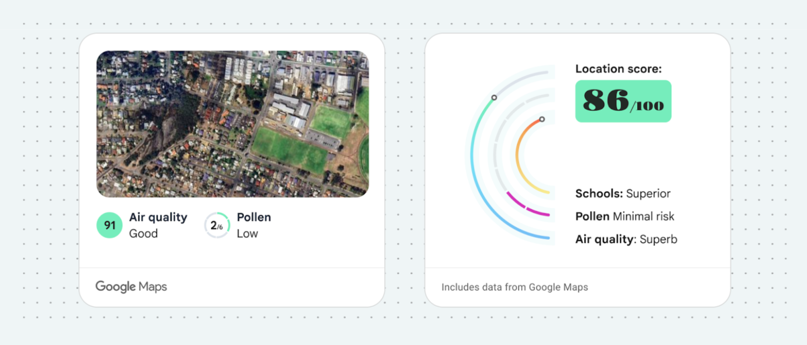 Left: Air Quality and Pollen data presented without modification;
       Right: Custom content attributing Google Maps data