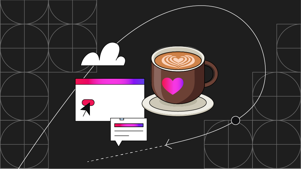 An image of a coffee mug with a web browser page and chat interface in the background