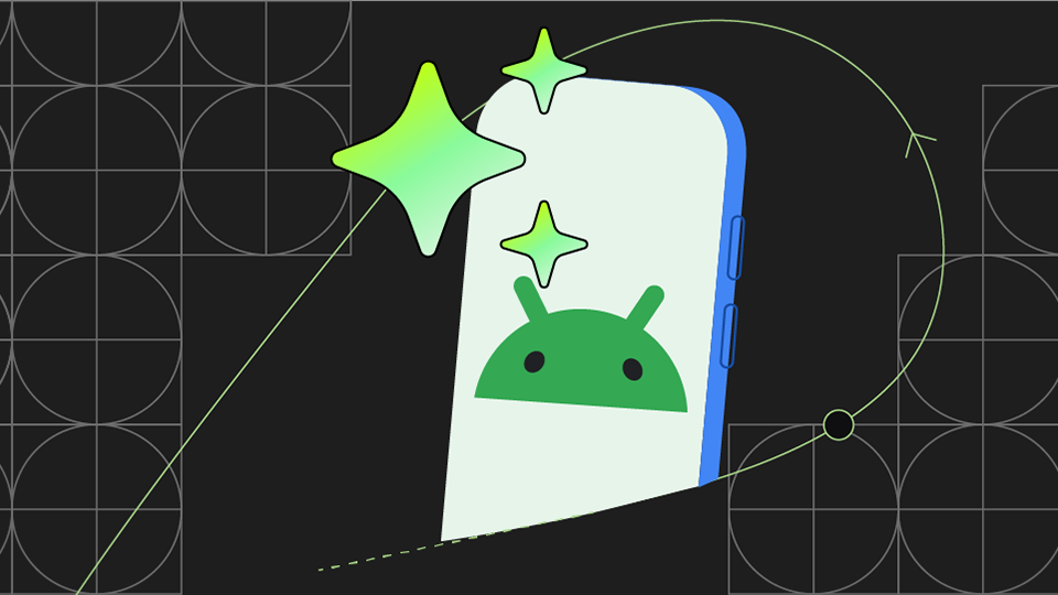 Smartphone dengan logo Android di layarnya dan bintang-bintang yang mengambang di sekitarnya