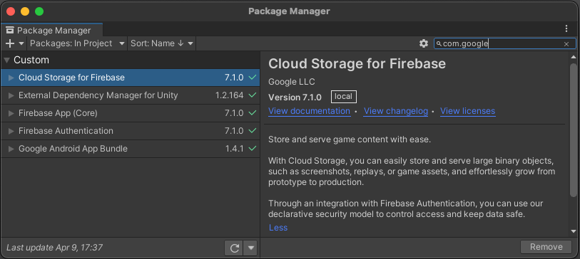 Screenshot of Unity Package Manager Window with