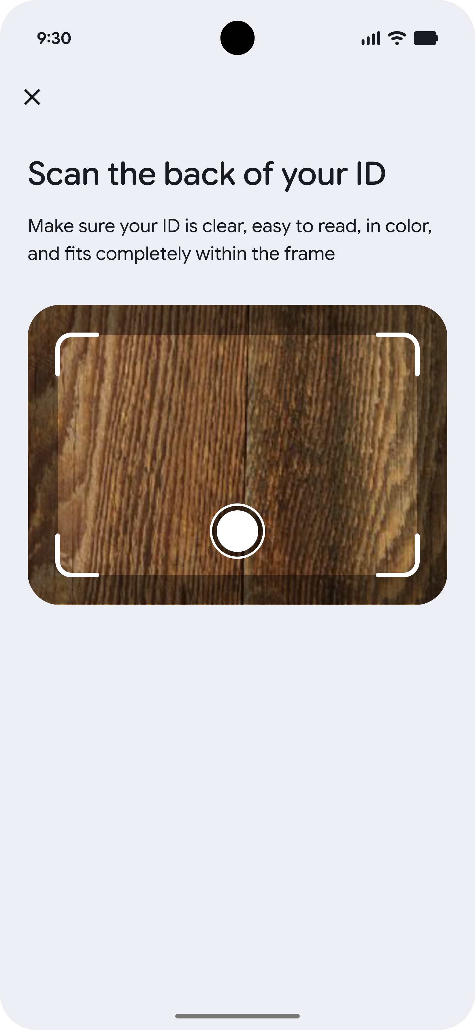 A camera screen to capture the back of the user's ID.