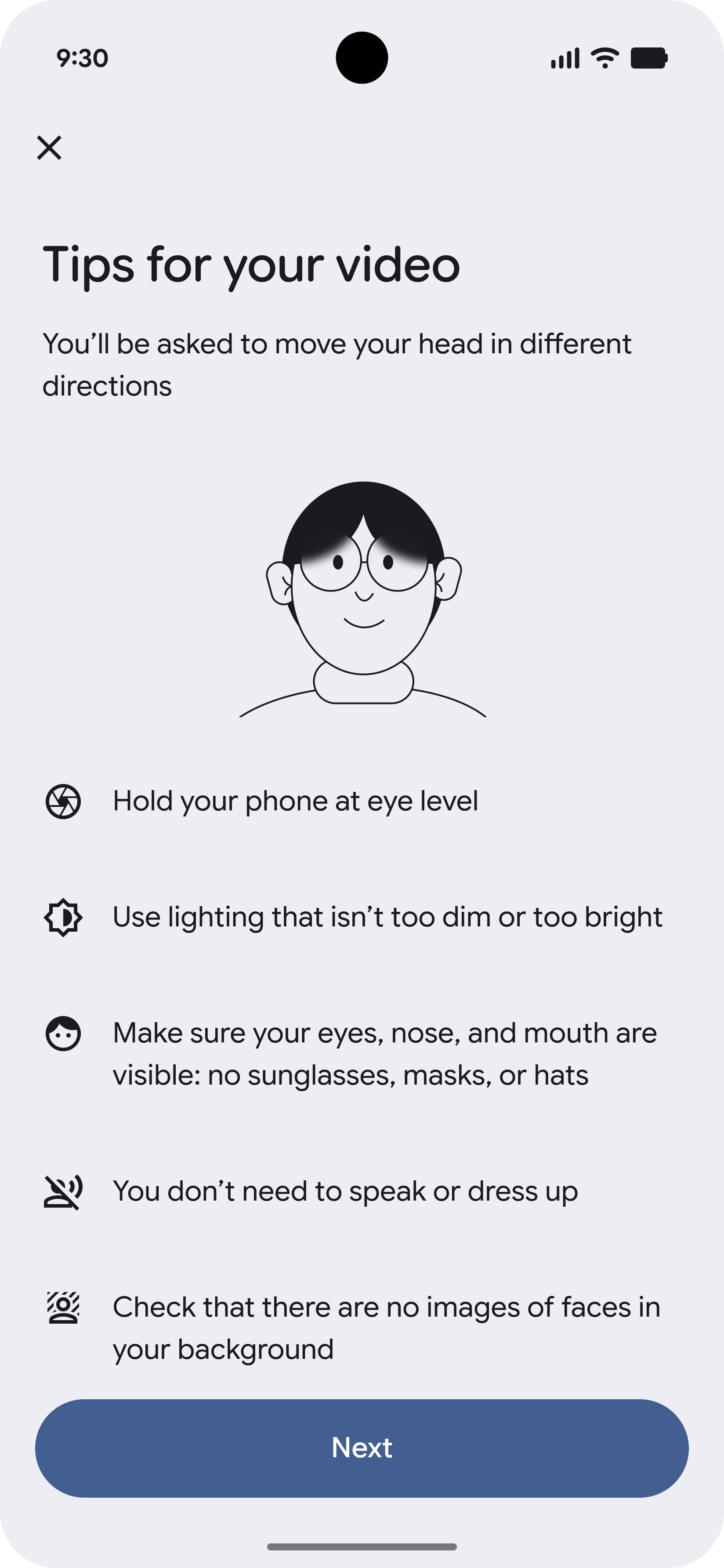 A screen with tips for recording the liveness video.