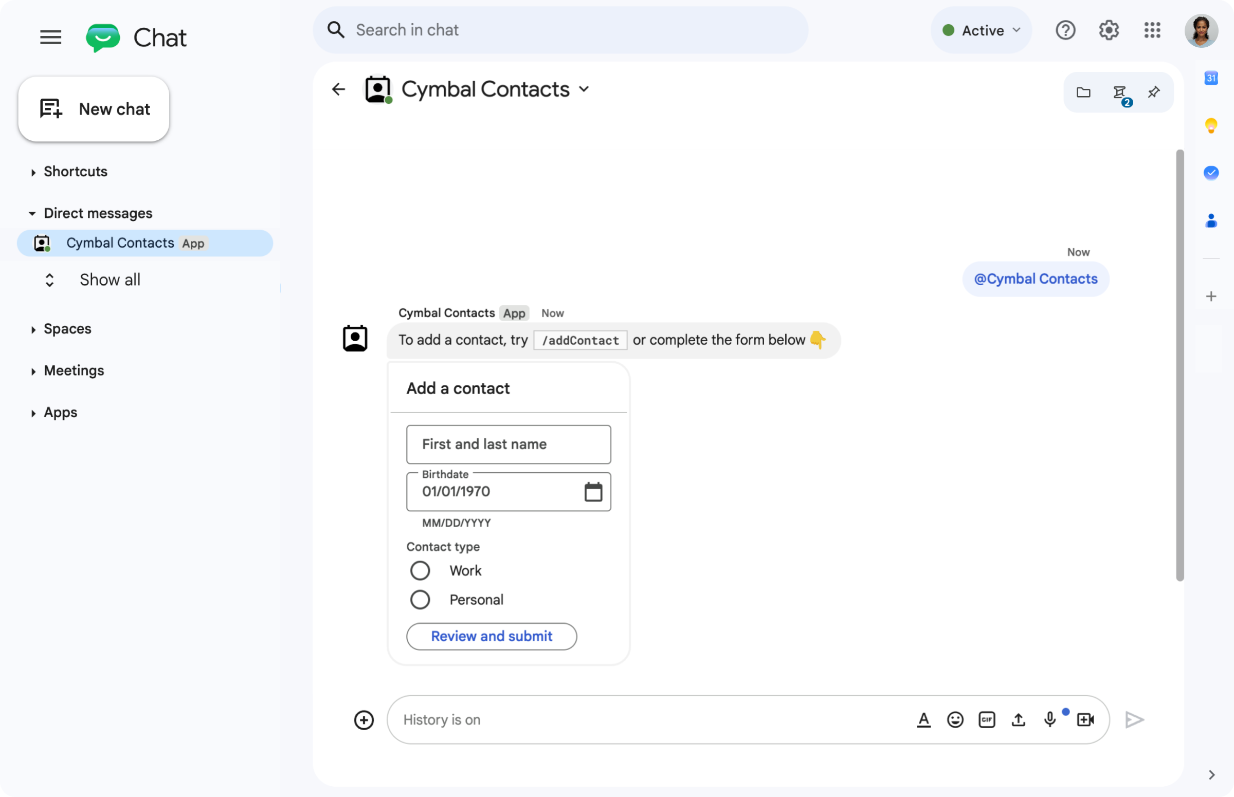 Card message with form input widgets.s