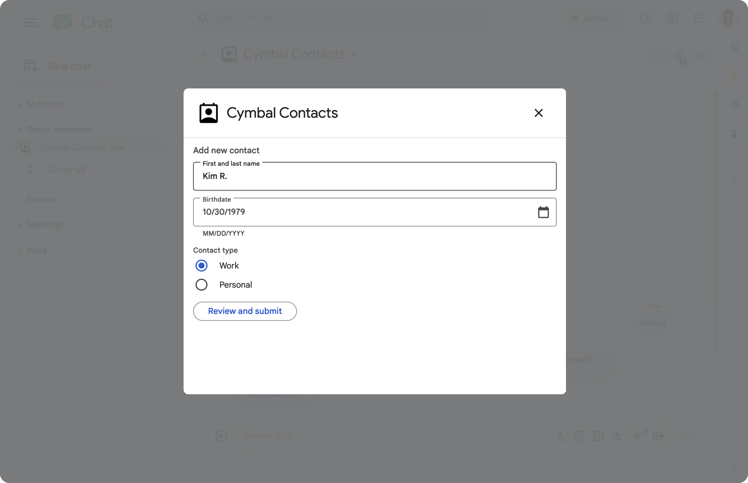 Contact form in a dialog.