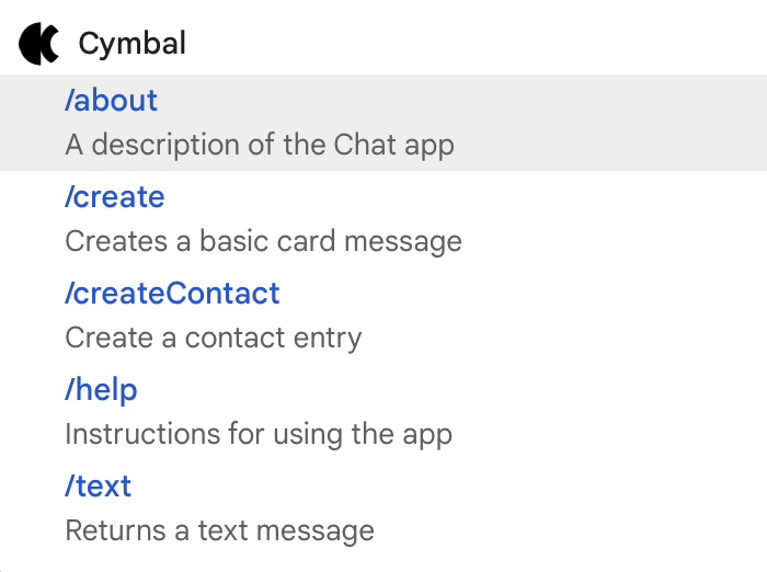 Choose a command to interact with the Chat app.