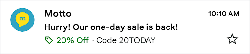 A promotional email that previews a deal badge for 20% off and
the promo code 20TODAY.