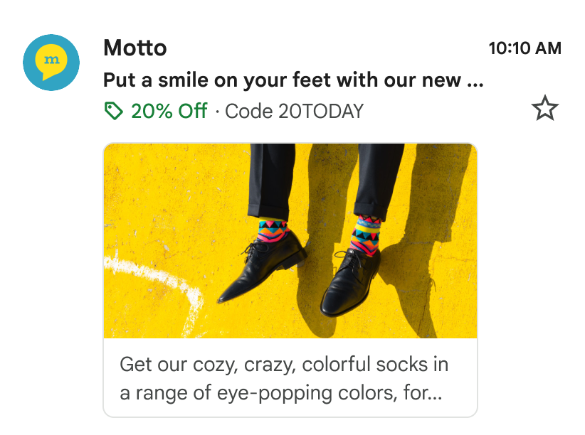 A promotional email that displays shoes, a deal badge for 20%, and
the promo code 20TODAY.